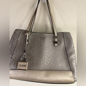 GUESS Metallic Silver Signature Tote